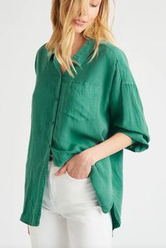 This oversized Bailey Button Down Shirt is made from a comfortable linen blend fabric with a shirt tail hem. Its neutral oasis green hue makes it a great option for everyday wear, and it's sure to become a reliable favorite. Pair with the matching wide leg linen pants, white denim or shorts. An easy, yet elevated summer style! Details 55% Linen, 45% Lyocell Machine Wash Cold Oversized, size down if you want more tailored look Everyday Green Summer Shirt, Green Summer Shirt For Everyday, Green Summer Shirt With Roll-up Sleeves, Green Summer Shirt For Everyday Wear, Green Linen Button-up Blouse, Green Relaxed Fit Blouse With Pockets, Relaxed Fit Green Blouse With Pockets, Green Collared Linen Blouse, Green Linen Collared Blouse