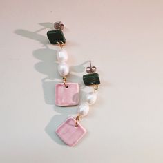 Kelly green and pink ceramic squares paired with real pearls. A 2006 fever dream. approx. 2" stainless steel posts Every piece of jewelry is hand formed and hand assembled by me. Due the unique nature of the product you may not get the pictured earrings. Handmade Green Pearl Earrings For Gift, Pink Square Jewelry Gift, Pink Square Jewelry For Gifts, Handmade Square Green Jewelry, Square Green Handmade Earrings, Handmade Square Pink Jewelry, Handmade Green Square Earrings, Handmade Pink Square Jewelry, Handmade Square Green Earrings