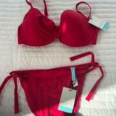 Red Bikini With Hardware Elegant Red Swimwear For Pool, Red Padded Swimwear For Beach, Fitted Red Swimwear With Padded Cups, Elegant Fitted Red Swimwear, Holiday Bikinis, Underwire Swimsuit, Bathing Suit Bottoms, Swim Sets, Tankini Swim Tops