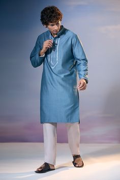 Blue full sleeves kurta with all over quad bloom print and badla embroidery on the yoke. Paired with a satin pant. - Aza Fashions Badla Embroidery, Satin Pant, Satin Pants, Kurta With Pants, Full Sleeves, Pants Pattern, Mandarin Collar, Aza Fashion, Full Sleeve