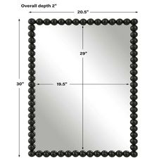 a square mirror with beading around the edges and an area for measurements to be placed on