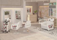 a salon with chairs, mirrors and other items in the room that are all white