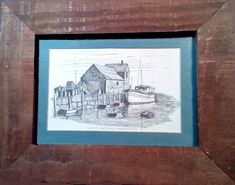 a drawing of a boat in the water next to a wooden frame with a blue border