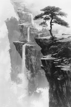 a black and white photo of a tree on top of a cliff next to a waterfall