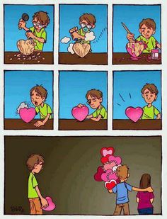 a comic strip with two children giving each other heart shaped balloons