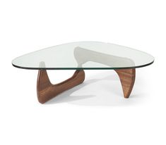 an oval glass table with wooden legs and a curved design on the top, against a white background