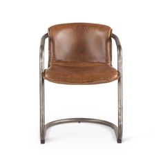 a brown leather chair sitting on top of a metal frame seat and armrests