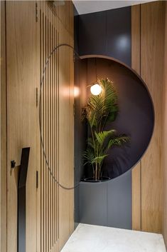 a plant in a round mirror on the wall next to a cabinet with wooden doors