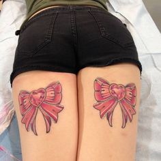 Bow Tattoo Thigh, Lace Bow Tattoos, Tattoo Son, Garter Tattoo, Bright Tattoos, Sailor Moon Tattoo, Thigh Tattoo Designs, Bow Tattoo, Girly Tattoos