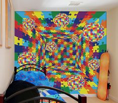 this is an image of a colorful wall mural in a child's bed room