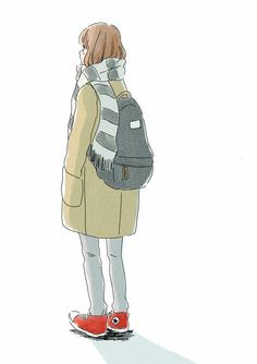 a drawing of a person with a back pack and red shoes standing in front of a white background