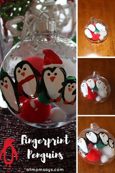 christmas ornaments made with penguins and snowmen in glass ornament balls on a table