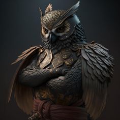 an owl dressed in armor standing with his arms crossed