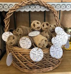 a wicker basket filled with small stuffed animals