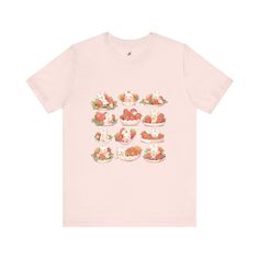 Our delightful Strawberries and Cream Tee is a charming addition to your wardrobe and bound to bring a smile to anyone's face! Crafted with care and quality in mind, this classic unisex jersey short sleeve tee is designed to be your new favorite go-to. Made with 100% Airlume combed and ring-spun cotton, this lightweight fabric ensures comfort and breathability, perfect for both active days and leisurely strolls. The softness of the cotton and the impeccable quality of the print will have you fal Cute Relaxed Fit T-shirt As Gift, Sweet Cotton T-shirt For Gifts, Sweet Cotton T-shirt As Gift, Cute Strawberry Print T-shirt As Gift, Cute Funny Print T-shirt, Cute Strawberry Print Shirt, Cute Pink Shirt With Strawberry Print, Sweet Cotton Tops As Gift, Sweet Summer T-shirt As Gift