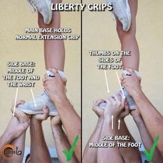 two pictures showing how to put on shoes with the words liberty grips above them