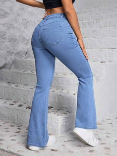 SHEIN PETITE Ladies' Flared Denim Pants With Pockets, For Everyday Casual Wear | SHEIN USA Non-stretch Flare Cotton Jeans, Non-stretch Cotton Flare Jeans, Cotton Flare Non-stretch Jeans, Casual High-waist Non-stretch Flare Jeans, Casual Solid Denim Flare Jeans, High Waist Solid Flare Jeans, High-waist Solid Color Denim Flare Jeans, Spring Mid-rise Flare Jeans, Spring Solid Mid-rise Flare Jeans