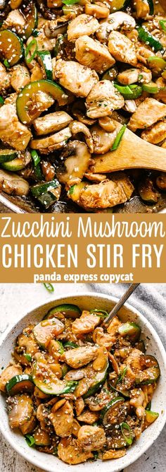 chicken stir fry with zucchini and mushrooms in a pan