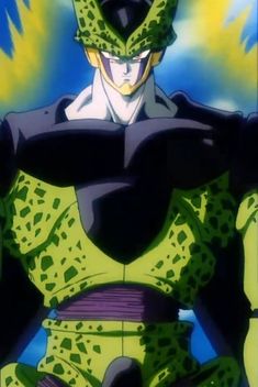 an anime character with yellow hair and green outfit standing in front of a blue sky