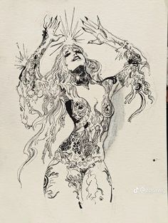 a black and white drawing of a woman dancing