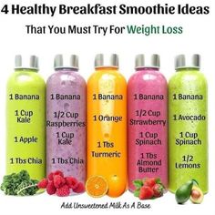 the four healthy breakfast smoothie ideas are shown in different colors and sizes, including rasp