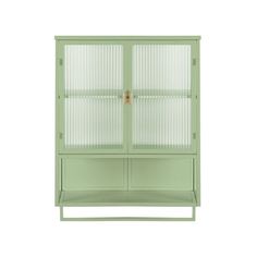 a green cabinet with glass doors on the top and bottom shelf, against a white background