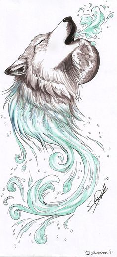 a drawing of a wolf's head with waves coming out of its mouth and water swirling around it