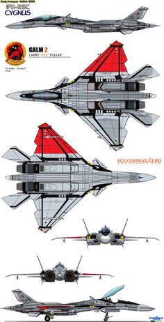 four different types of fighter jets are shown in this drawing style, and each jet has two