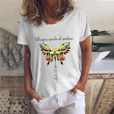 Women Whisper Words Of Wisdom Let It Be Butterfly T-Shirt Casual Printed T-shirt, Casual White Print T-shirt, Casual Printed T-shirt With Relaxed Fit, Casual Printed Relaxed Fit T-shirt, Casual Relaxed Fit Tops With Printing, Casual Relaxed Fit Printed T-shirt, Casual Relaxed Fit Printed Tops, Casual Short Sleeve Printed T-shirt, White Casual T-shirt With Printing