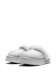 "Find UGG Disquette \"\"goose\"\" Slippers on Editorialist. light grey sheepskin/suede shearling lining embossed logo to the side round toe platform sole These styles are supplied by a premium and authenticated sneaker marketplace. Stocking only the most sought-after footwear, they source and curate some of the most hard to find sneakers from around the world." Goose Slippers, Ugg Disquette Slipper, Uggs Classic Slipper, Ugg Croquette Slippers, Ugg Slippers Coquette, Ugg Slippers Gray, Grey Uggs, Ugg Slipper, Ugg Slippers