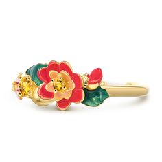 This beautifully detailed ring boasts charming flowers in bright shades of multicolored enamel. The intricate flawless enamel work coupled with sparking stones, make this an eye-catching piece.Carat Weight: 0.205 ctStone Size: 1.7,1.3,3.5 mmStone Type: Jeulia® StoneNumber of Stones: 3 Stone Shape: RoundStone Color: Citrine YellowWeight: 2.8 gWidth: 20.4 mmHeight: 5.2 mmThickness: 1 mmMaterial: 925 SilverPlating Color: Yellow Gold Yellow Gold Enamel Flower Jewelry, Yellow Enamel Ring, Enamel Flower-shaped Jewelry For Wedding, Flower Shaped Enamel Jewelry For Wedding, Flower-shaped Enamel Jewelry For Wedding, Enamel Flower Shaped Wedding Jewelry, Flower Shaped Enamel Wedding Jewelry, Floral Enamel Wedding Jewelry, Gold Enamel Flower Ring