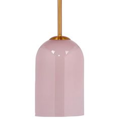 a pink glass lamp with a gold colored metal handle on an isolated white background for use as a pendant or light fixture