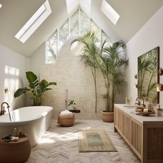 a bathroom with a large white bath tub sitting next to a sink and toilet under a skylight