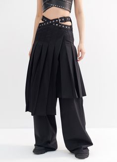 Pleated Criss Cross Waist Trouser Skirt in Black Stretch Wool Trousers Under Dress, Skirt And Trousers Outfit, Skirt With Trousers, Pants That Look Like Skirts, Pants And Skirt Outfit, Skirt Trousers Outfit, Asymmetrical Pleated Waist Skirt, Skirt Pants Outfit, Unisex Skirt