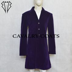 "New unisex Dark Purple Velvet Frock Coat, Military Style Frock Coat, 18th Century Coat, Victorian Frock Coat By Cavalry Coats Worldwide Expedited Shipping ARTICLE DESCRIPTION CHARACTERISTICS: 100% Velvet Custom Fit Style. Main color: Dark Purple Professionally stitched AVAILABILITY: \"Please note that the color of the product may appear slightly different due to camera reflection. Our Coat are available for both unisex adults, and we offer custom colors upon request. Additionally, we have plus-size coat available to cater to a wider range of sizes. Please be aware that the button style may vary based on availability in the market.\"" Regency Style Fitted Outerwear For Formal Occasions, Regency Style Fitted Formal Outerwear, Regency Style Fitted Long Sleeve Outerwear, Mens Long Purple Coat, Purple Long Coat, Metallic Purple Coat, Velvet Frock, Purple Fur Trench Coat, Victorian Goth Coats & Jackets