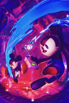 mickey and minnie mouse flying through the air in front of a purple background with blue lights