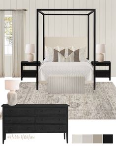 a bedroom is shown with neutrals and black furniture, including a four poster bed