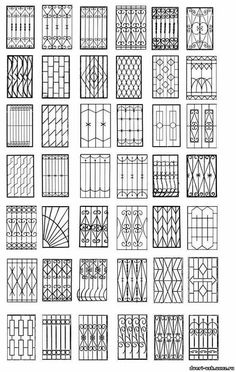 many different types of iron grills and gates, all drawn in black ink on white paper