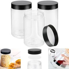 three clear jars with black lids are shown