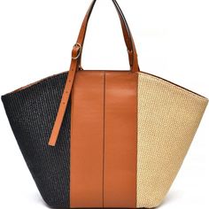 New Ldt Large Color Block Leather And Straw Panel Tote Bag Chic Brown Straw Bag With Removable Pouch, Brown Straw Bag With Leather Trim And Double Handle, Brown Straw Shoulder Bag With Leather Trim, Vacation Leather Shoulder Bag With Leather Trim, Chic Cognac Shoulder Bag With Braided Handles, Chic Shoulder Bag With Leather Trim For Vacation, Chic Vacation Shoulder Bag With Leather Trim, Brown Straw Tote Bag With Leather Trim, Brown Straw Bag With Leather Trim For Everyday