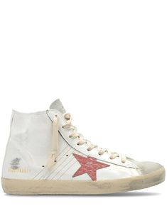 white/red/beige leather distressed effect panelled design signature star patch to the sides logo print to the side logo-print tongue logo patch to the side round toe front lace-up fastening side zip fastening branded insole flat rubber sole Golden Goose Francy, Golden Goose Deluxe Brand, Iconic Bags, Summer Beach Wear, Flat Boots, Ballet Flat Shoes, Pump Sandals, Ski Wear, Golden Goose