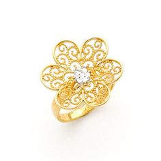 14K gold Two-tone Filigree Flower ring Gold Filigree Ring With Diamond Accents, Elegant Gold Filigree Ring With Diamond Accents, Gold Flower-shaped Diamond Ring For Formal Occasions, Formal Gold Flower-shaped Diamond Ring, Elegant Gold Flower Ring With Intricate Design, Elegant Yellow Gold Flower Ring With Intricate Design, Elegant Filigree Flower Ring For Formal Occasions, Gold Filigree Ring With Diamond Accents As Gift, Gold Filigree Ring With Diamond Accents For Promise