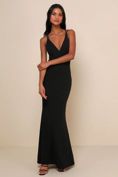 Who could possibly resist you in the Lulus All this Allure Black Strappy Backless Mermaid Maxi Dress? Medium-weight, stretchy crepe knit creates this absolute knockout of a dress and its princess-seamed bodice, V-neckline, and sexy open back with a network of crisscrossing straps. Figure-skimming skirt flares out at the maxi hem to create a dramatic mermaid silhouette. Hidden back zipper/clasp. Fitted V-neck Bodycon Dress For Gala, V-neck Bodycon Dress For Gala, Elastane Maxi Dress With Fitted Bodice For Evening, Evening Backless Elastane Bodycon Dress, Fitted Fishtail Maxi Dress For Evening, Floor-length Fitted Bodycon Dress For Gala, Fitted Floor-length Bodycon Dress For Gala, Fitted Fishtail Evening Dress With Back Opening, Sleeveless Elastane Evening Dress