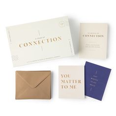 a collection of greeting cards and envelopes with the words connection written on them in gold foil