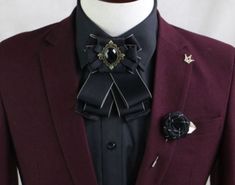 2 Items - Set of Wedding Men Pre Tied Bow Black Tie & Rose Brooch Pin Diamond Shirt, Groom Shirts, Tie Crafts, Groom Ties, Necktie Set, Fashion 2016, Casual Tie, Pre Tied Bow Tie, Bow Tie Collar