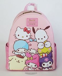 This is a Loungefly Sanrio - Hello Kitty and Friends "Stacked" mini backpack.  This adorable pink faux leather backpack features Hello Kitty and many of her friends such as Kuromi, My Melody, Keroppi and Pochocco.  And don't forget Cinnamoroll who is pictured on the back.  Included are side pockets, adjustable shoulder straps and an interior drop pocket.  The inside is lined with a bight pink fabric.   A wonderful backpack for any Hello Kitty fan.  Dimensions: 10.5"H x 9”W x 4.5”D This item is new...not pre-owned.  Only removed from its original bag and packaging for photos.  It has been carefully stored in a dust and smoke free environment since new.  Ships in a box! Actual item pictured.  No Stock photos!  You see exactly what you will get! ** Check out more Loungefly collectibles at our Hello Kitty And Friends Backpack, Hello Kitty Loungefly Backpack, Sanrio Loungefly, Loungefly Hello Kitty Bags, Loungefly Mini Backpack Hello Kitty, Faux Leather Backpack, Nail Jewelry, Original Bags, Mini Backpack