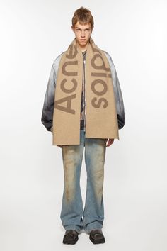 Scarf features an Acne Studios logo jacquard animation with short frayed ends. Crafted from a midweight wool blend. FN-UX-SCAR000155 Browning Logo, Studio Logo, Derby Shoes, Lace Up Heels, Sunglass Frames, Scarf Shawl, Heeled Mules, Double Breasted, Wool Blend