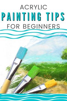 Three paint brushes with blue, green and yellow paint on a canvas with a landscape painting Acrylic Painting Brush Techniques, Simple Painting Ideas Acrylics, Painting Techniques Canvas, Learn Acrylic Painting, Canvas Art Painting Acrylic, Acrylic Painting Inspiration, Easy Acrylic Painting, Canvas Painting Tutorials