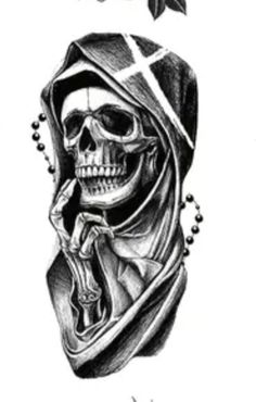 a drawing of a skull with a hood and cross on it's head, holding a