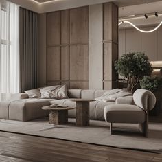 a modern living room with wood paneling and white furniture